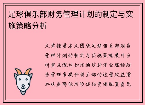 足球俱乐部财务管理计划的制定与实施策略分析