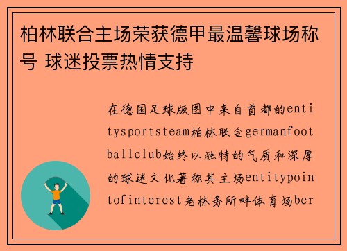 柏林联合主场荣获德甲最温馨球场称号 球迷投票热情支持