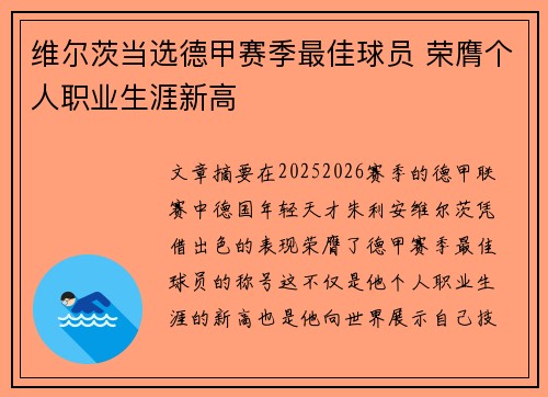 维尔茨当选德甲赛季最佳球员 荣膺个人职业生涯新高